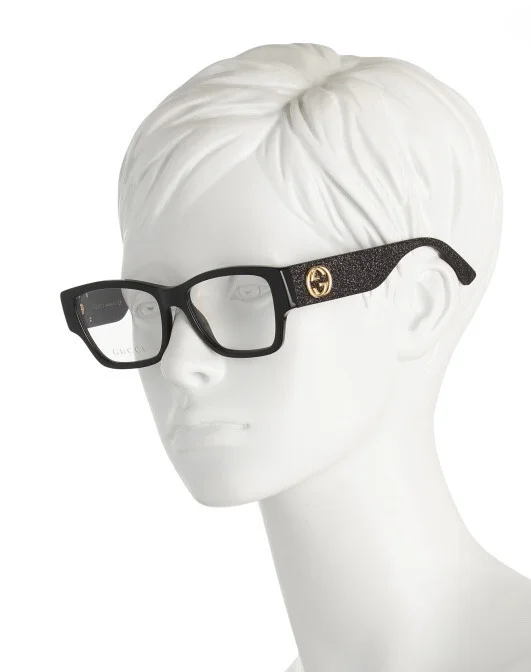 NWT GUCCI Optical Black Rectangle W/Black Glitter Arms Eyeglasses Demo Lens $420