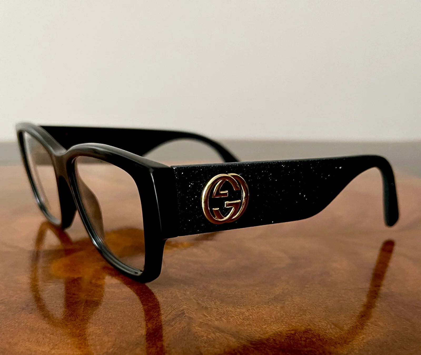 NWT GUCCI Optical Black Rectangle W/Black Glitter Arms Eyeglasses Demo Lens $420 2