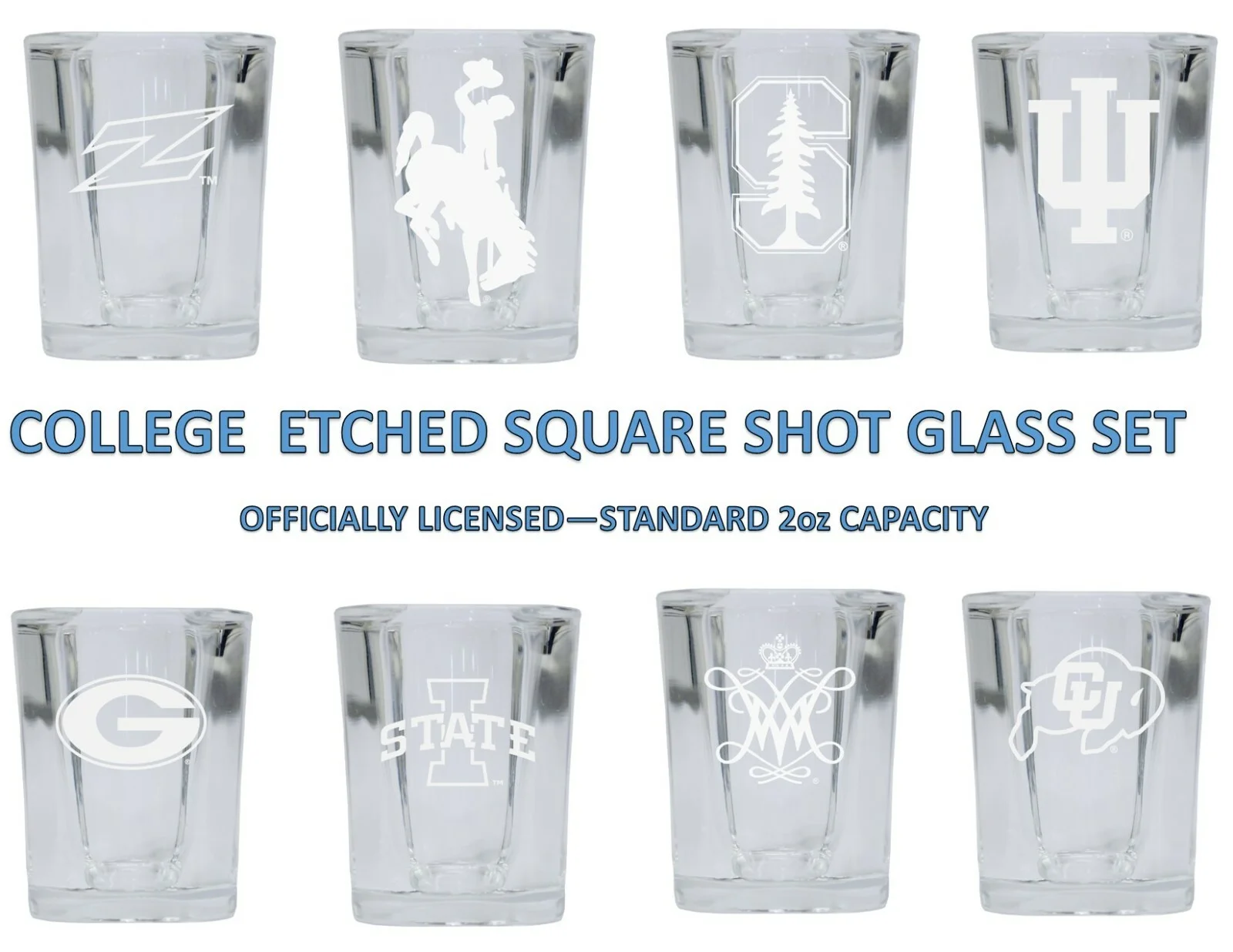 Officially Licensed Laser Etched College Logo Square Base Shot Glasses-Set of 2