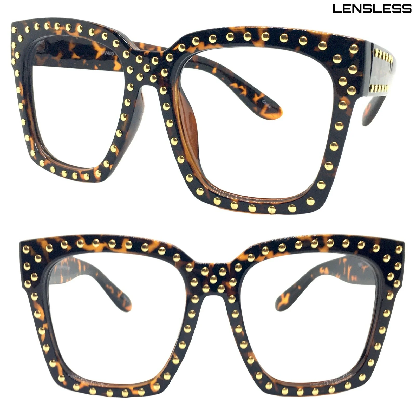 Oversize Exaggerated Retro LENSLESS Eye Glasses Large Studded Frame Only No Lens