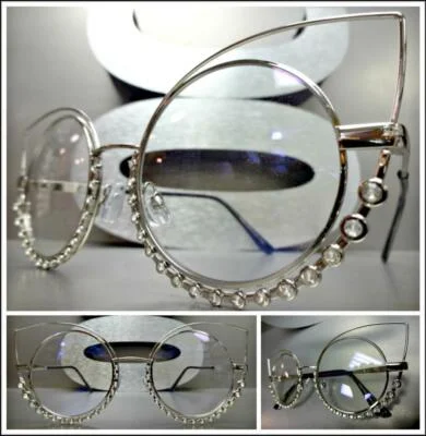 OVERSIZED EXAGGERATED RETRO CAT EYE Style Clear Lens EYE GLASSES Silver Frame
