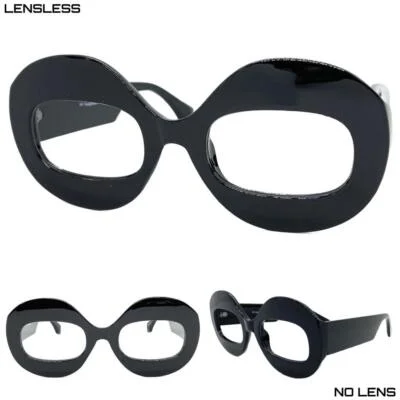 Oversized Retro Large Thick Round Black Lensless Eye Glasses Frame Only NO Lens