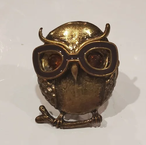 Owl Stretch Ring Bronze Tone Orange Eyes Aviator Glasses On Branch