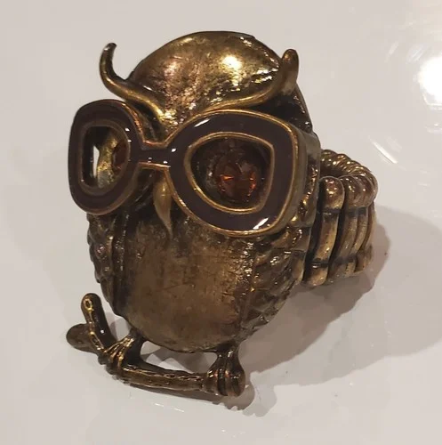 Owl Stretch Ring Bronze Tone Orange Eyes Aviator Glasses On Branch 2