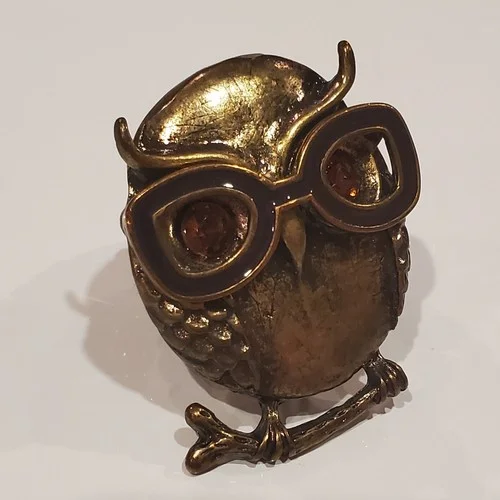 Owl Stretch Ring Bronze Tone Orange Eyes Aviator Glasses On Branch 3
