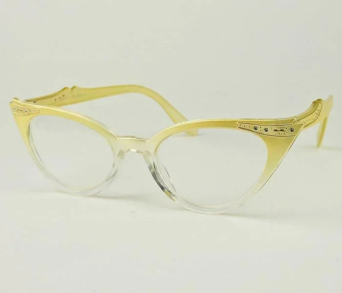 Pastel Pearl Ombre Gold Clear Crystals PinUp Retro Cat Eye Eyeglasses Frames SM 2