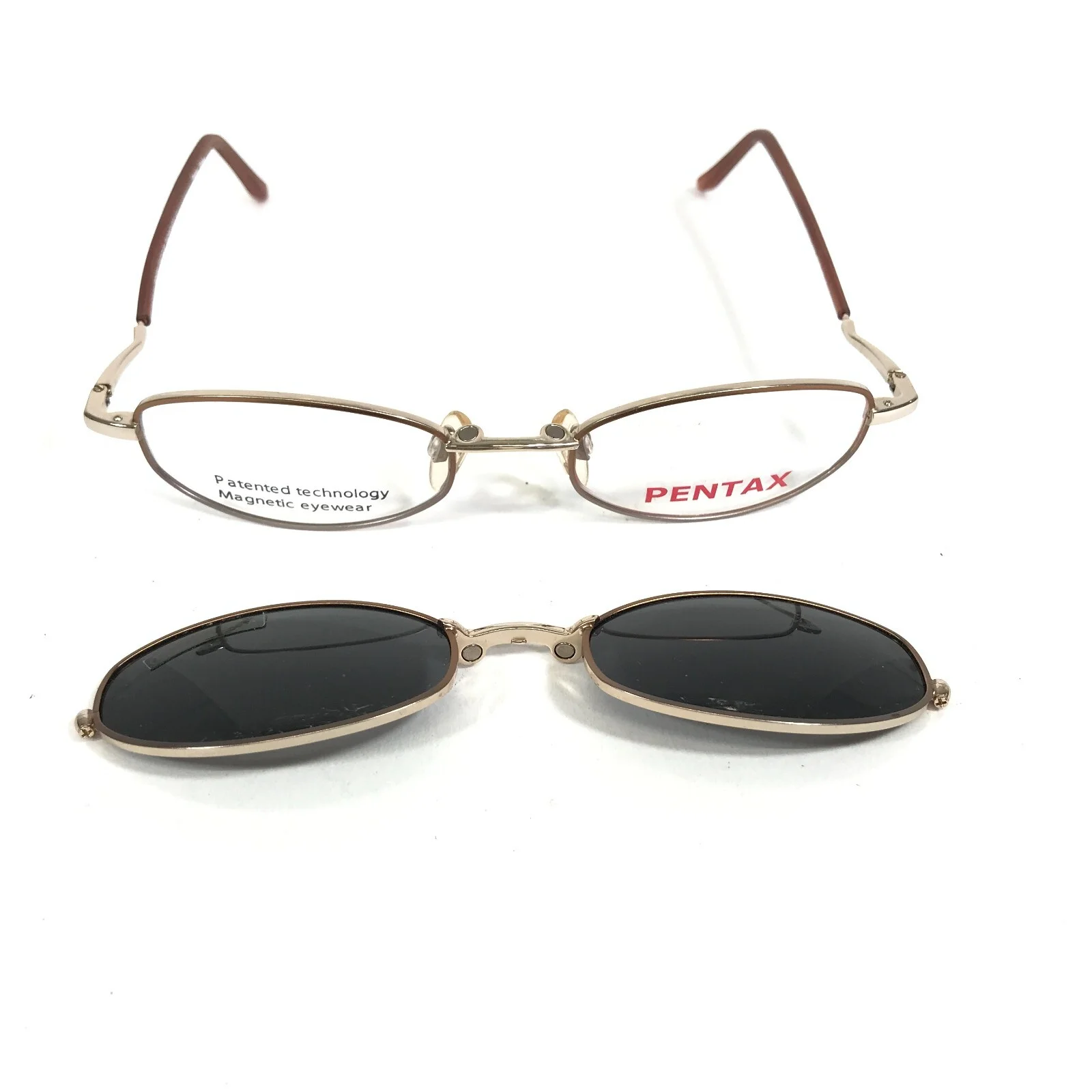 Pentax Eyeglasses Frames 9928 10 Brown Gold Full Rim w Clip On Lenses 48-18-135 3