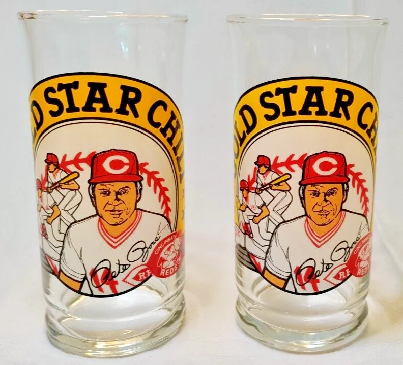 Pete Rose Set of 2 Gold Star Chili Drinking Glasses Cincinnati Reds Baseball