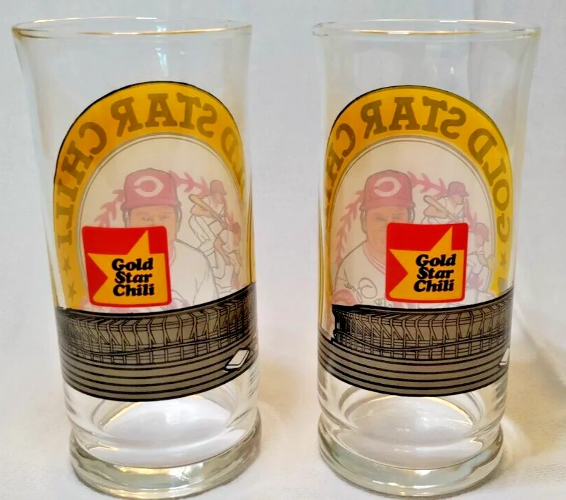 Pete Rose Set of 2 Gold Star Chili Drinking Glasses Cincinnati Reds Baseball 2