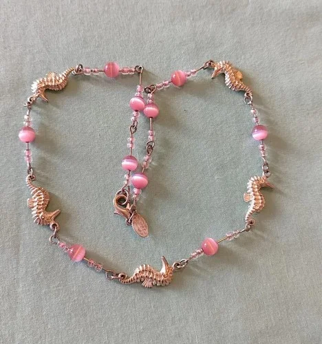 Pink Cats Eye Glass And Seahorse Link Necklace Silver Plate Choker