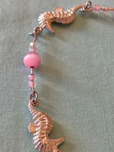 Pink Cats Eye Glass And Seahorse Link Necklace Silver Plate Choker 4