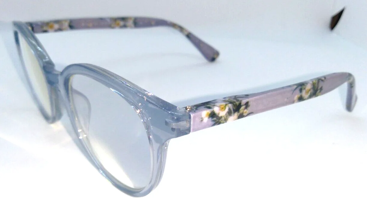 Plum Pretty SUGAR Eyeglass Frames Clear Blue Frame Floral Pattern Arms