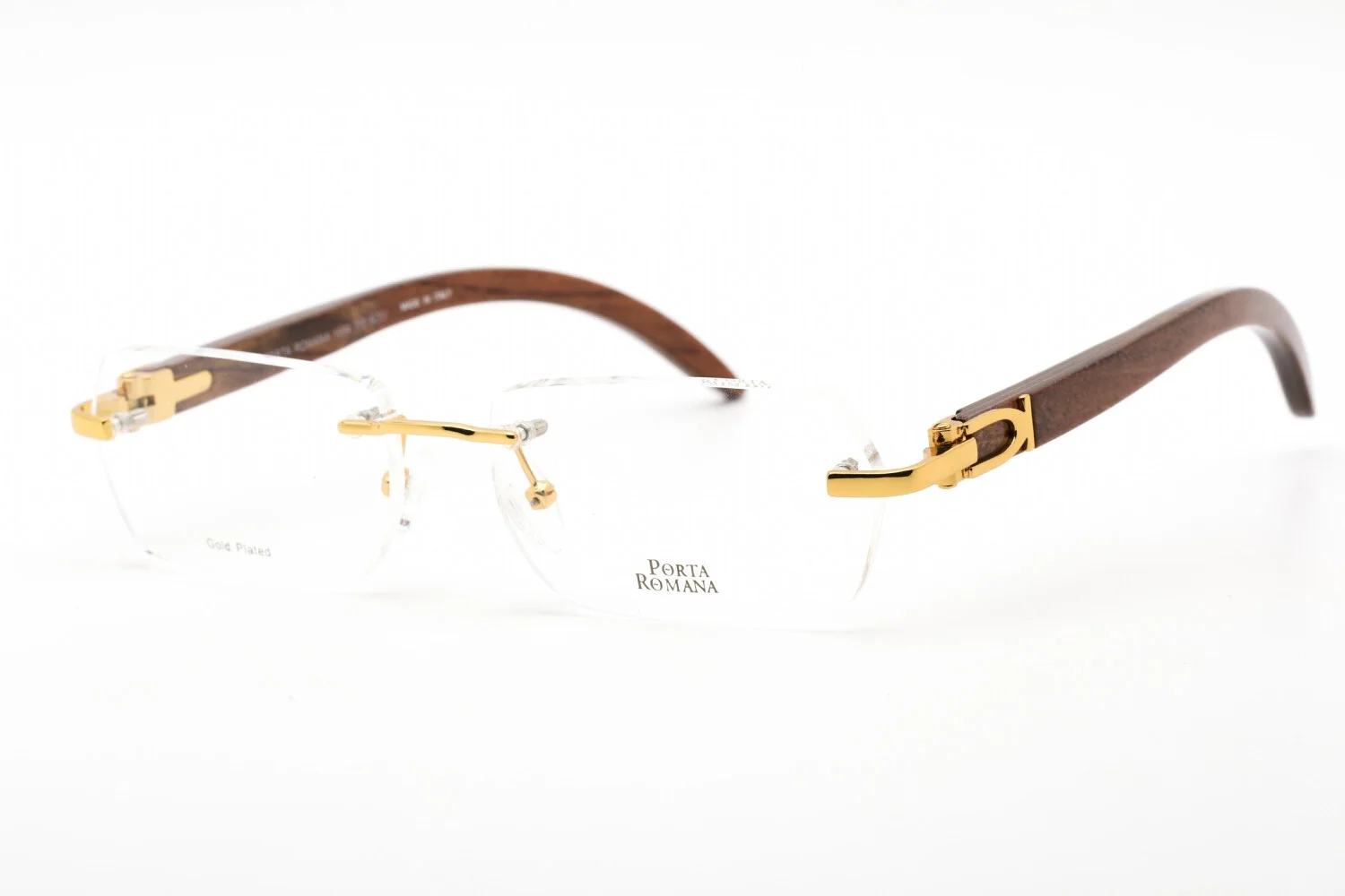 Porta Romana 1954 100 Gold Bubinga Lacquered Wood Rimless Eyeglasses 56-18-135