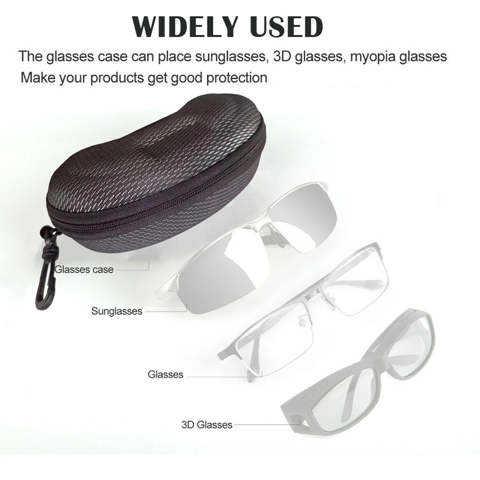 Portable Eye Glasses Hard Case Sunglasses Black Box Clam Shell Zipper With Hook 3
