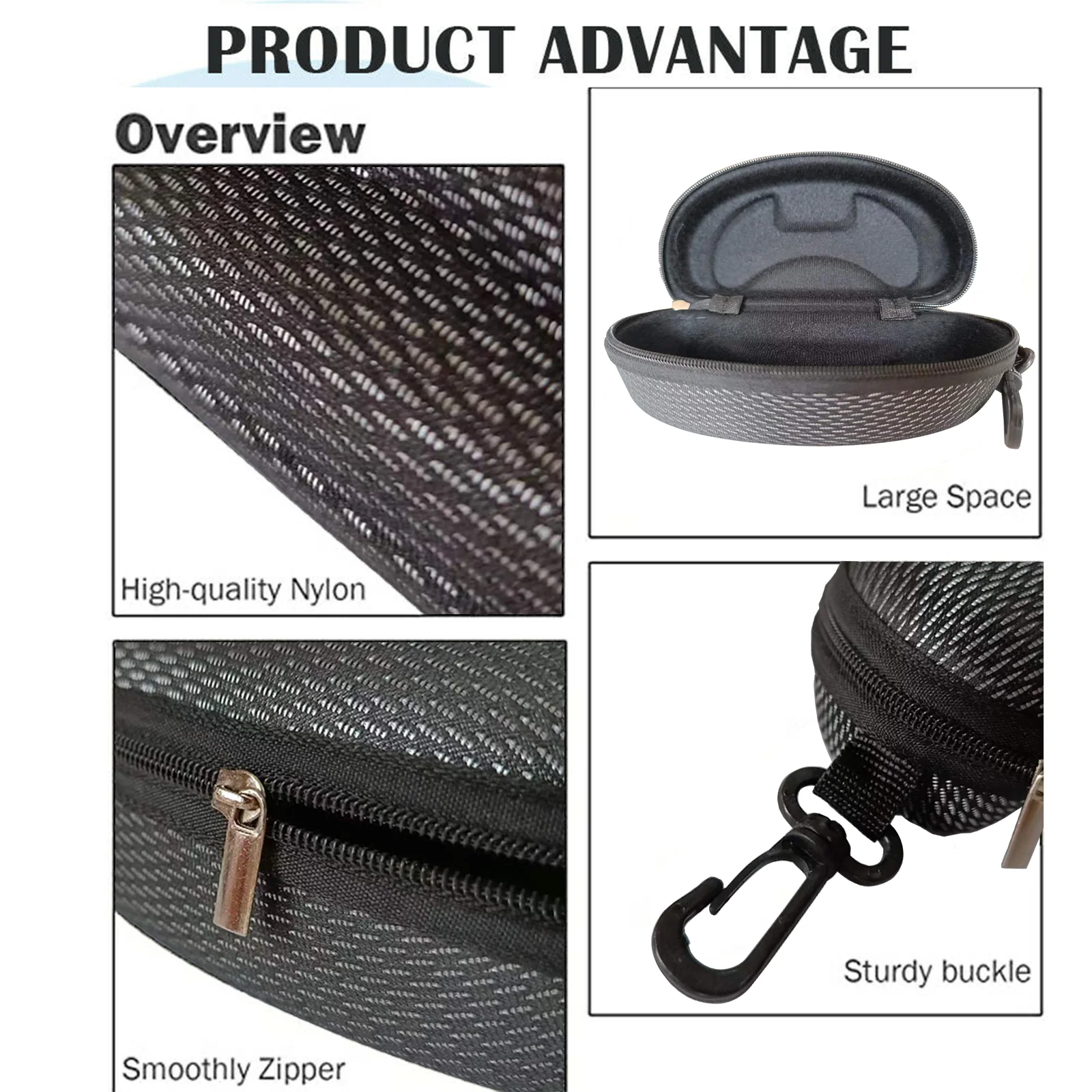 Portable Eye Glasses Hard Case Sunglasses Black Box Clam Shell Zipper With Hook 4