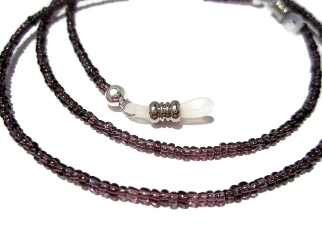 Pretty Purple Beaded Eyeglass Holder Necklace, Glasses Lanyard Cord, Clear Grips