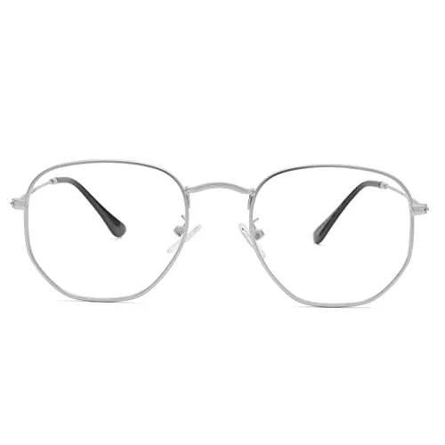 Pro Acme Hexagonal Non-Prescription Glasses Frame for Women Men Designer Square Round Metal Clear Lens Eyeglasses (Silver)