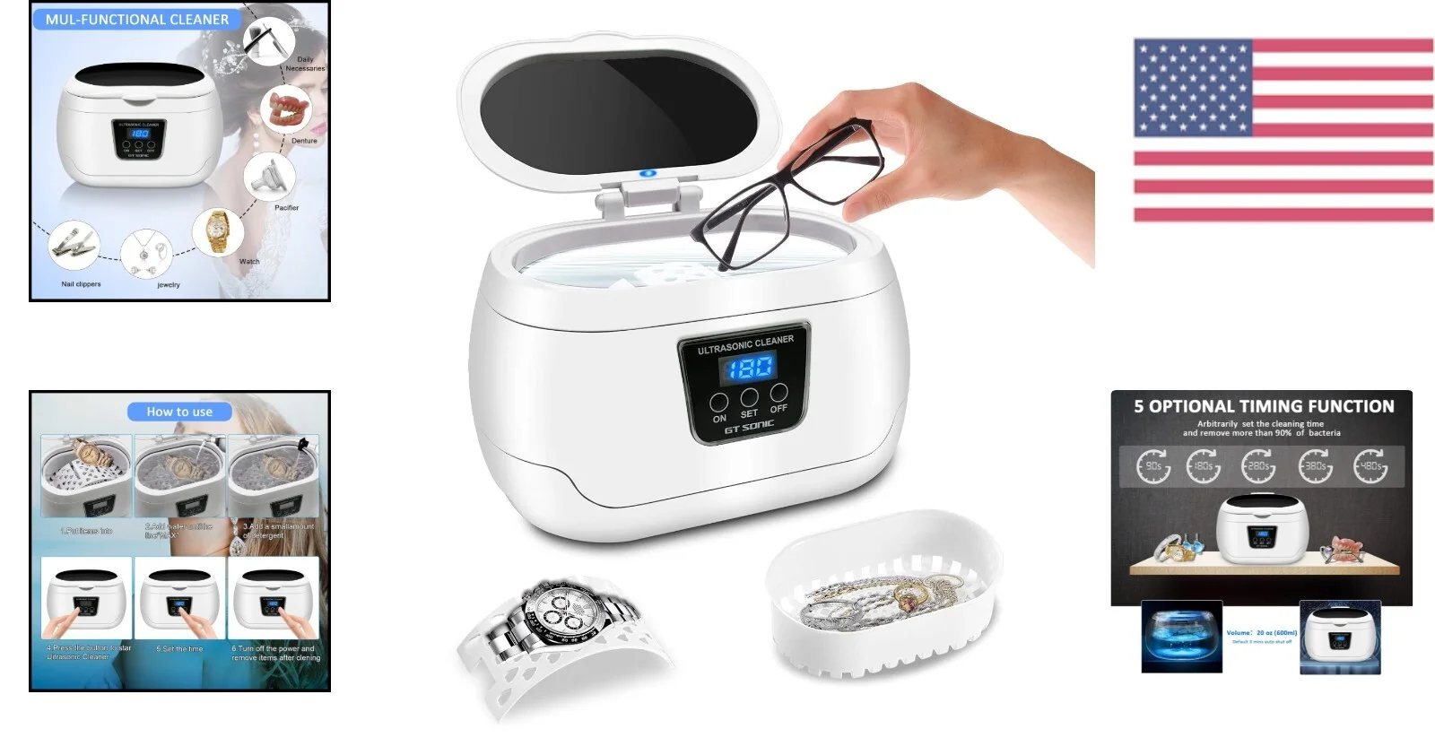 Professional Ultrasonic Jewelry Eyeglass Cleaner Stainless Steel Portable Timer 2