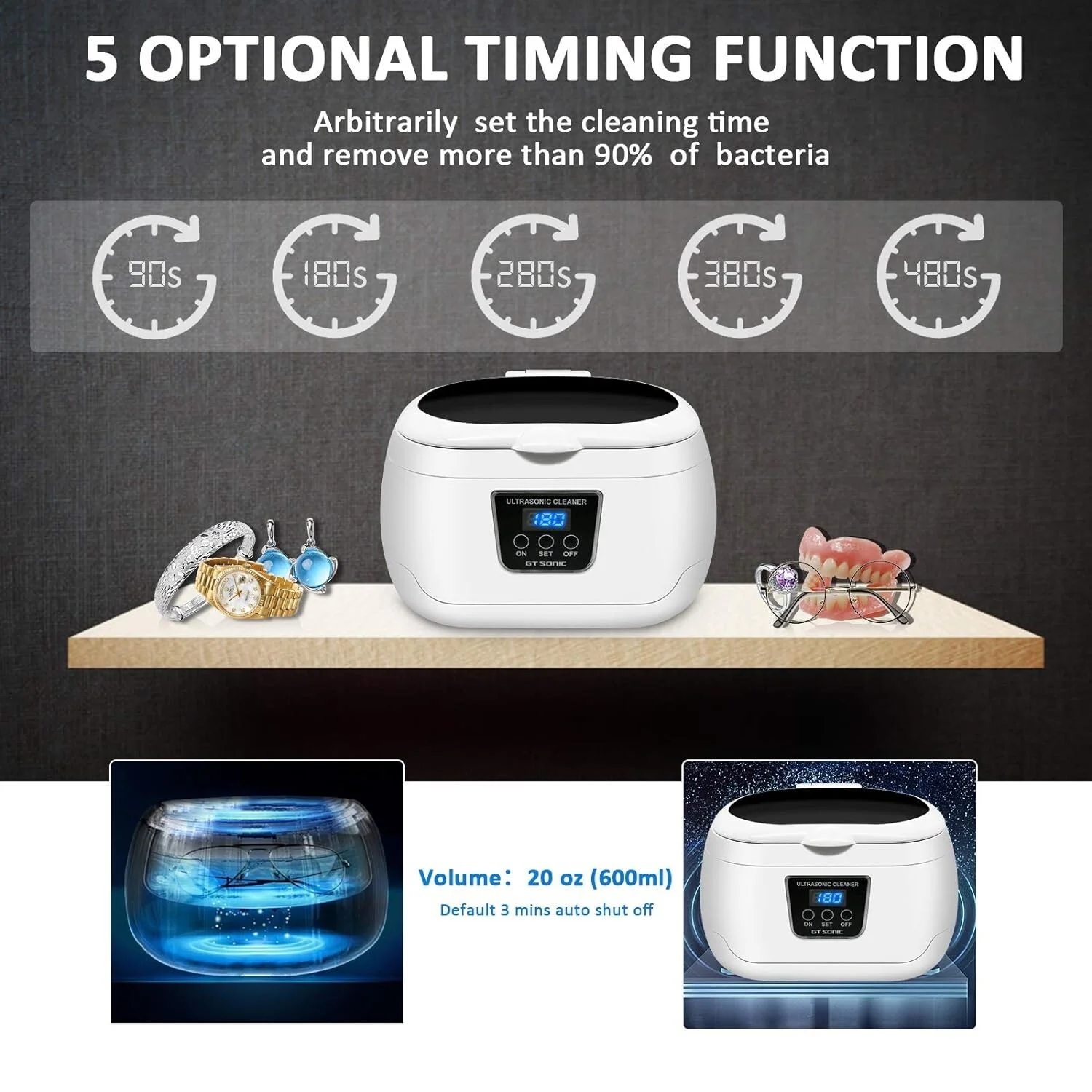 Professional Ultrasonic Jewelry Eyeglass Cleaner Stainless Steel Portable Timer 4