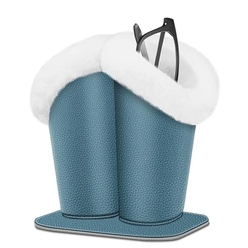 PU Leather Plush Lined Double Eyeglasses Holder Stand Case with Magnetic Base 2