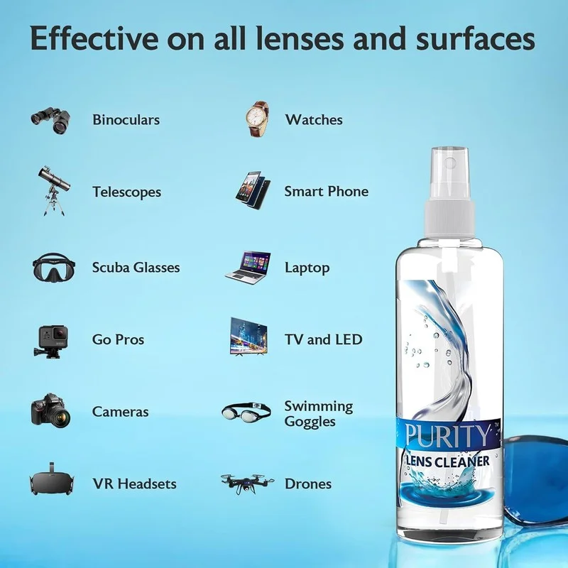 Purity Eyeglass Lens Cleaner Kit 2 X 8Oz and 1X2Oz Lens Cleaner Spray Bottle + 2 4