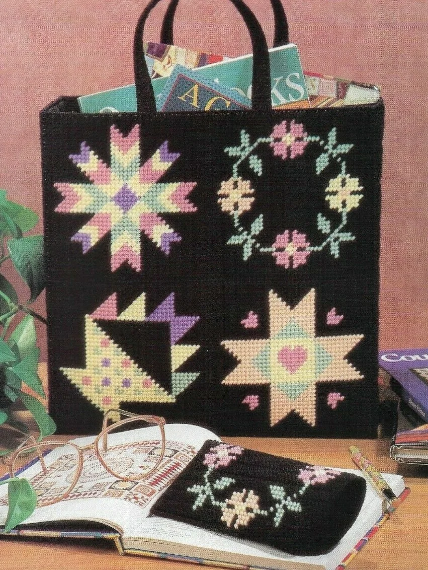 QUILT BLOCK TOTE & EYEGLASS CASE PLASTIC CANVAS PATTERN INSTRUCTIONS