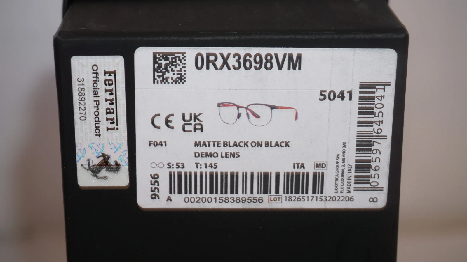 RAY BAN Eyeglasses New Ferrari Matte Black Red RB3698-V-M F041 53 20 145 2