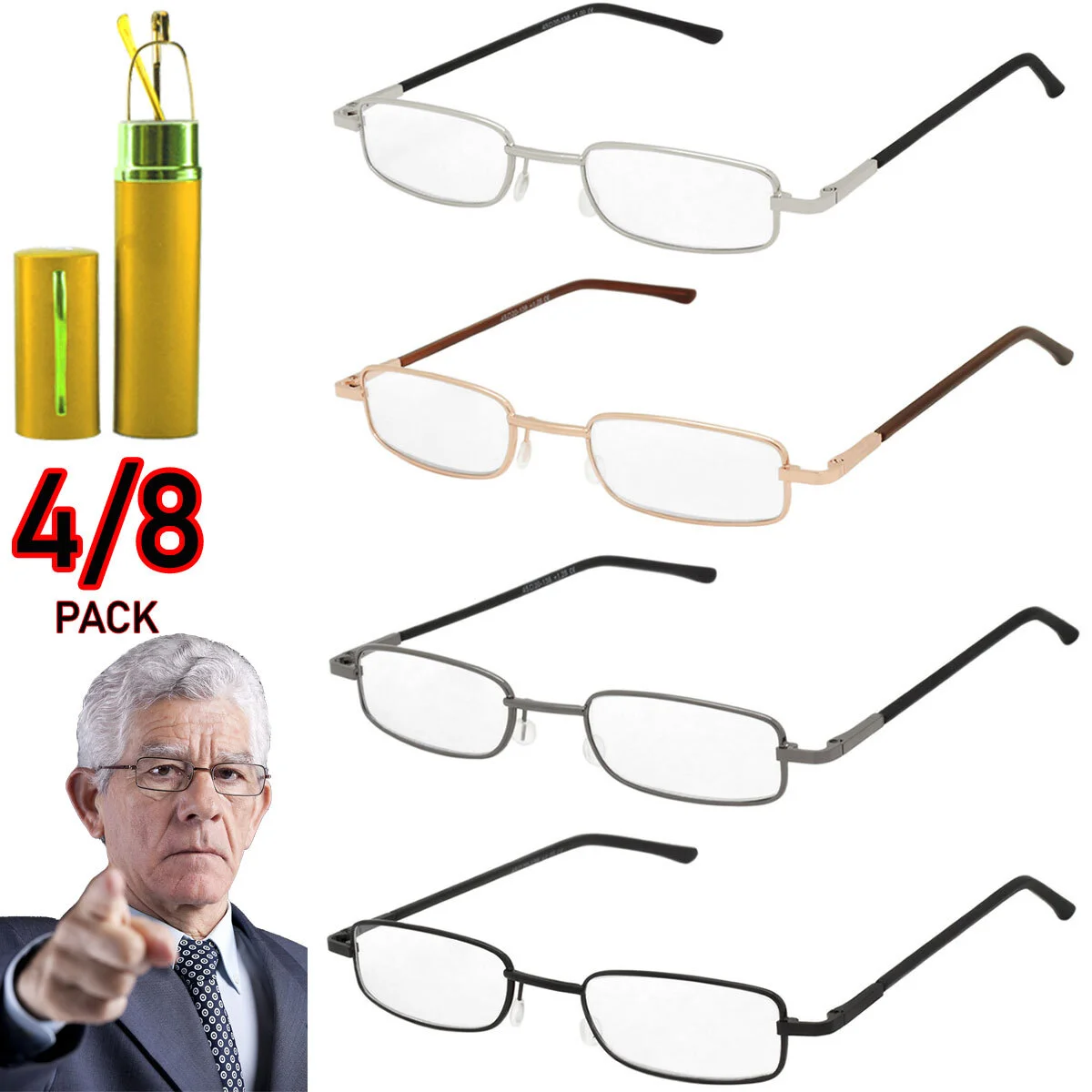 Reading Glasses Mens Womens Readers with Case Spring Hinge 4 or 8 Pack Glasses 4