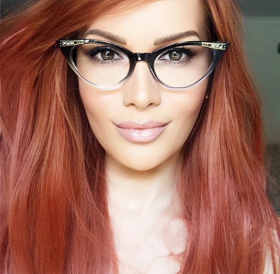 Retro PinUp Cat Eye Eyeglasses Ombre Fade Gradient Sexy Kat Crystals Demi Frames