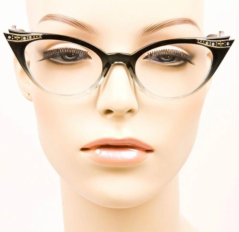 Retro PinUp Cat Eye Eyeglasses Ombre Fade Gradient Sexy Kat Crystals Demi Frames 3