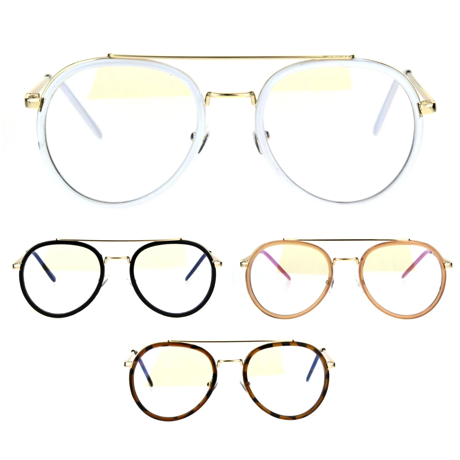 Retro Trend Plastic Metal Double Rim 90s Aviator Clear Lens Eye Glasses