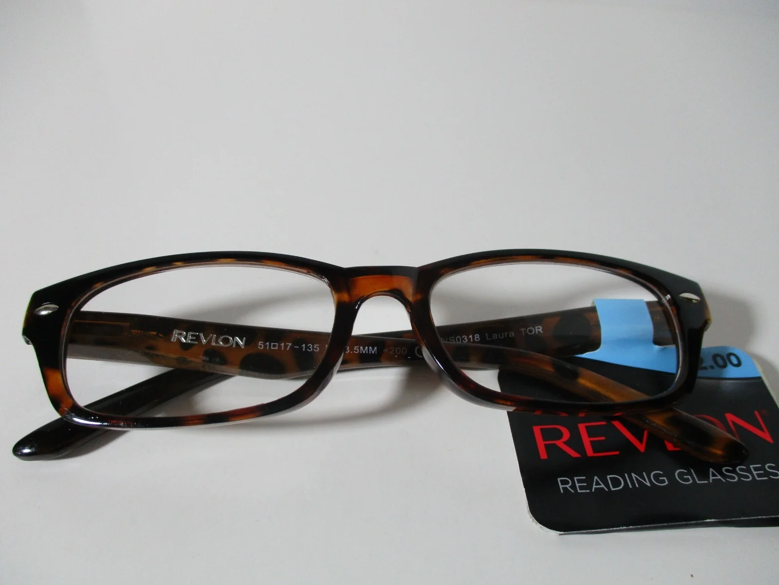 Revlon Laura Brown Tortoise Women Rectangle Readers Reading Glasses +2.00 New 2