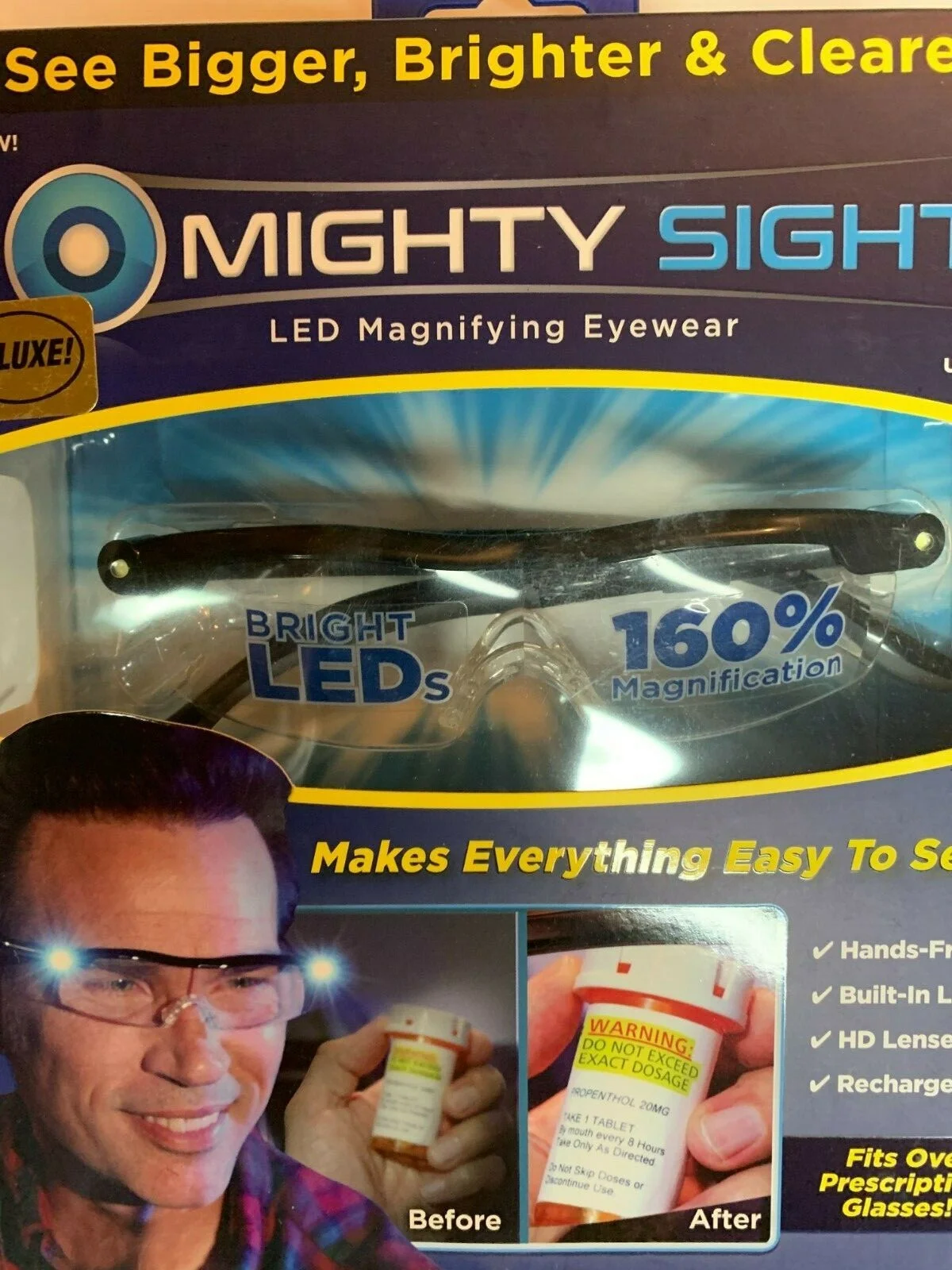 RICHARGEABLE LED MAGNIFYING READING GLASSES WITH free case MIGHTY SIGHT ONTEL