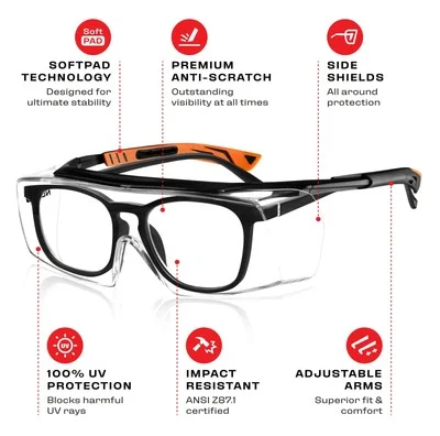 Safety Glasses over Eyeglasses with anti Scratch Wraparound Lenses, UV400 Protec 2