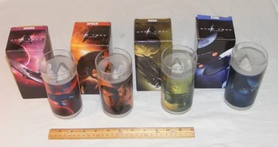 Set 4 2009 Star Trek movie collectible glasses: Kirk, Spock, Uhura, Nero; UNUSED 3