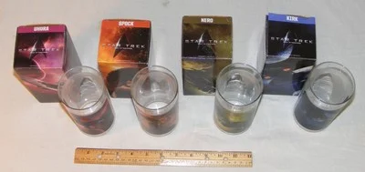 Set 4 2009 Star Trek movie collectible glasses: Kirk, Spock, Uhura, Nero; UNUSED 4