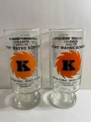 Set of 2 Fort Wayne Komets 1972-73 Turner Cup Champs Drinking Glass Huber Trophy