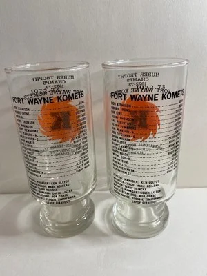 Set of 2 Fort Wayne Komets 1972-73 Turner Cup Champs Drinking Glass Huber Trophy 2
