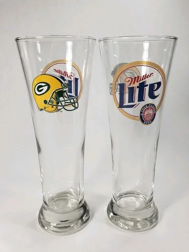 Set of 2, Green Bay Packers Miller Lite Pilsner Glasses