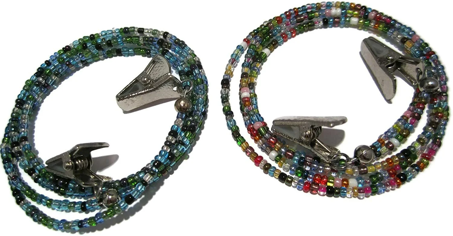 Set of 2 Peacock and 32 Color Beaded Clip Eyeglass Holder Necklace Lanyards