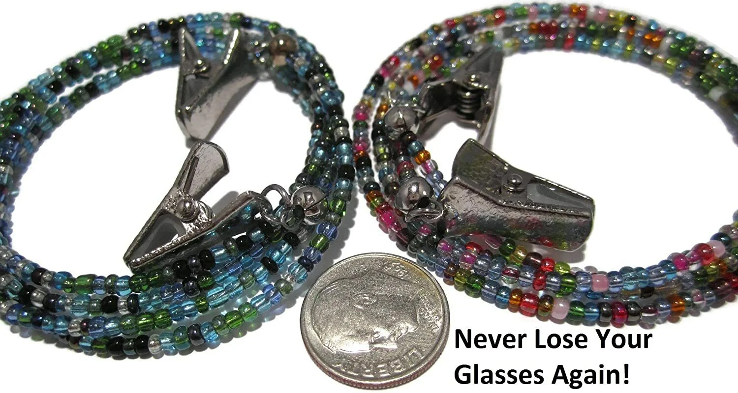 Set of 2 Peacock and 32 Color Beaded Clip Eyeglass Holder Necklace Lanyards 4