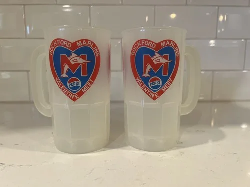 Set of 2 Rockford Marlins Vintage Plastic Pepsi Mugs Logo Swim Team Valentine