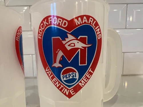 Set of 2 Rockford Marlins Vintage Plastic Pepsi Mugs Logo Swim Team Valentine 2
