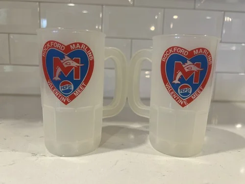 Set of 2 Rockford Marlins Vintage Plastic Pepsi Mugs Logo Swim Team Valentine 3