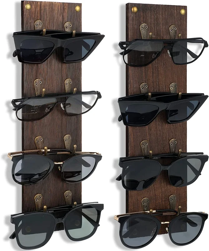 Set of 2 Rustic Mounted Sunglasses Storage Organizer Wood Eyeglasses Holder Rack