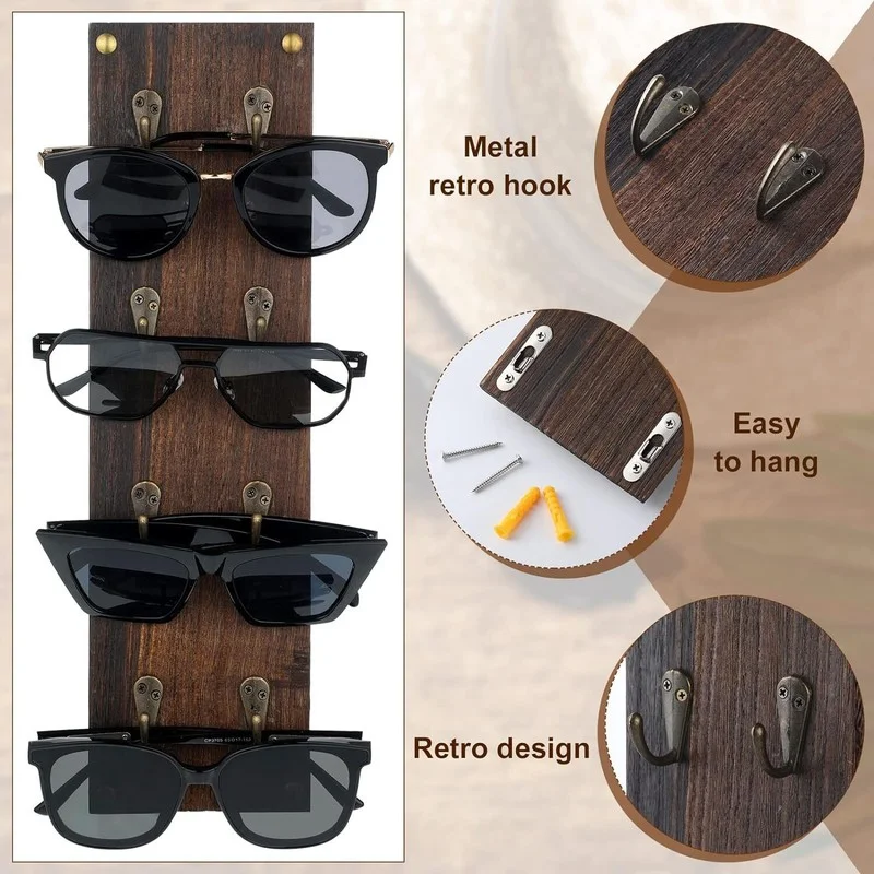 Set of 2 Rustic Mounted Sunglasses Storage Organizer Wood Eyeglasses Holder Rack 3