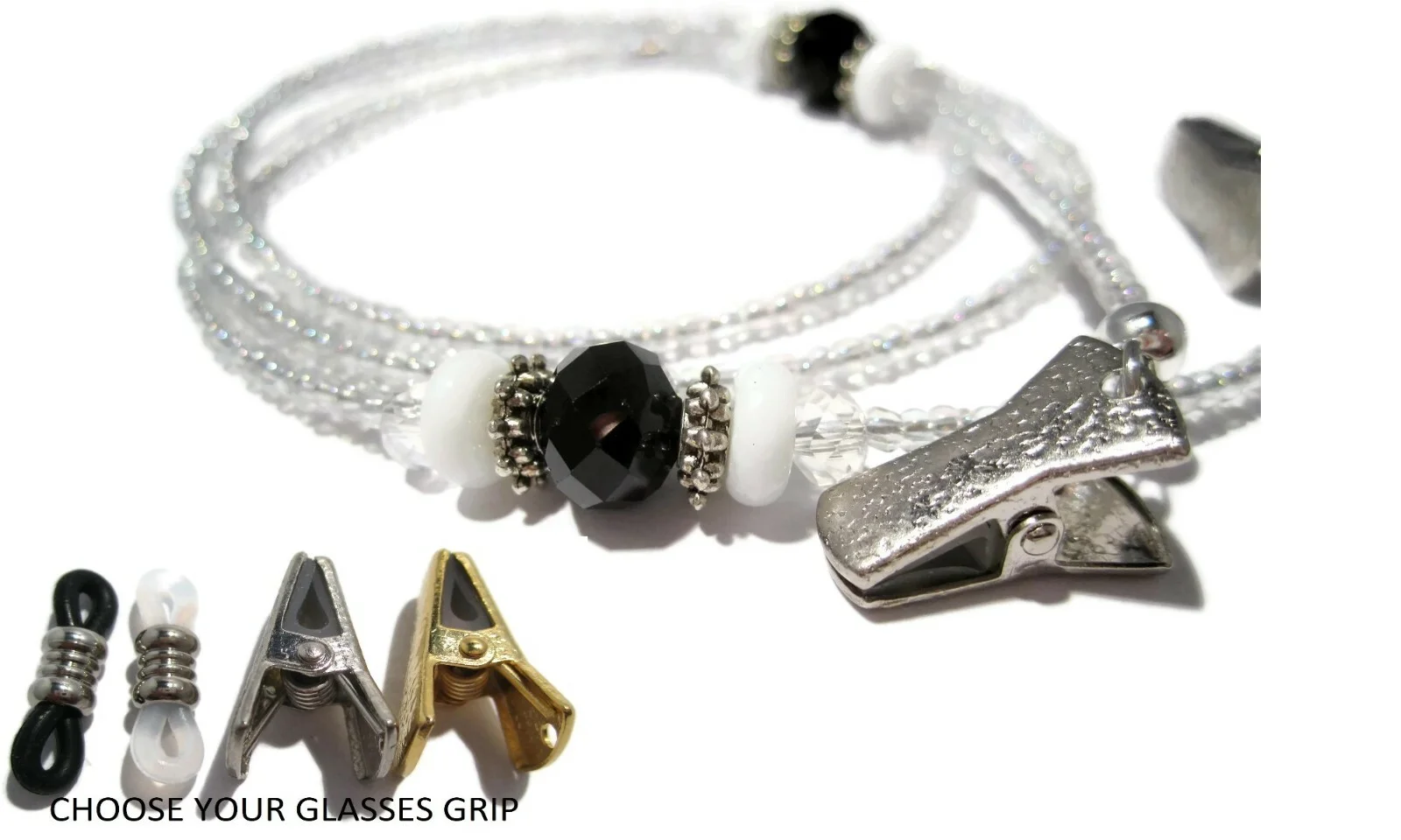 Silver Black White Beaded Eyeglass Holder, Glasses Lanyard Choose Glasses Grips