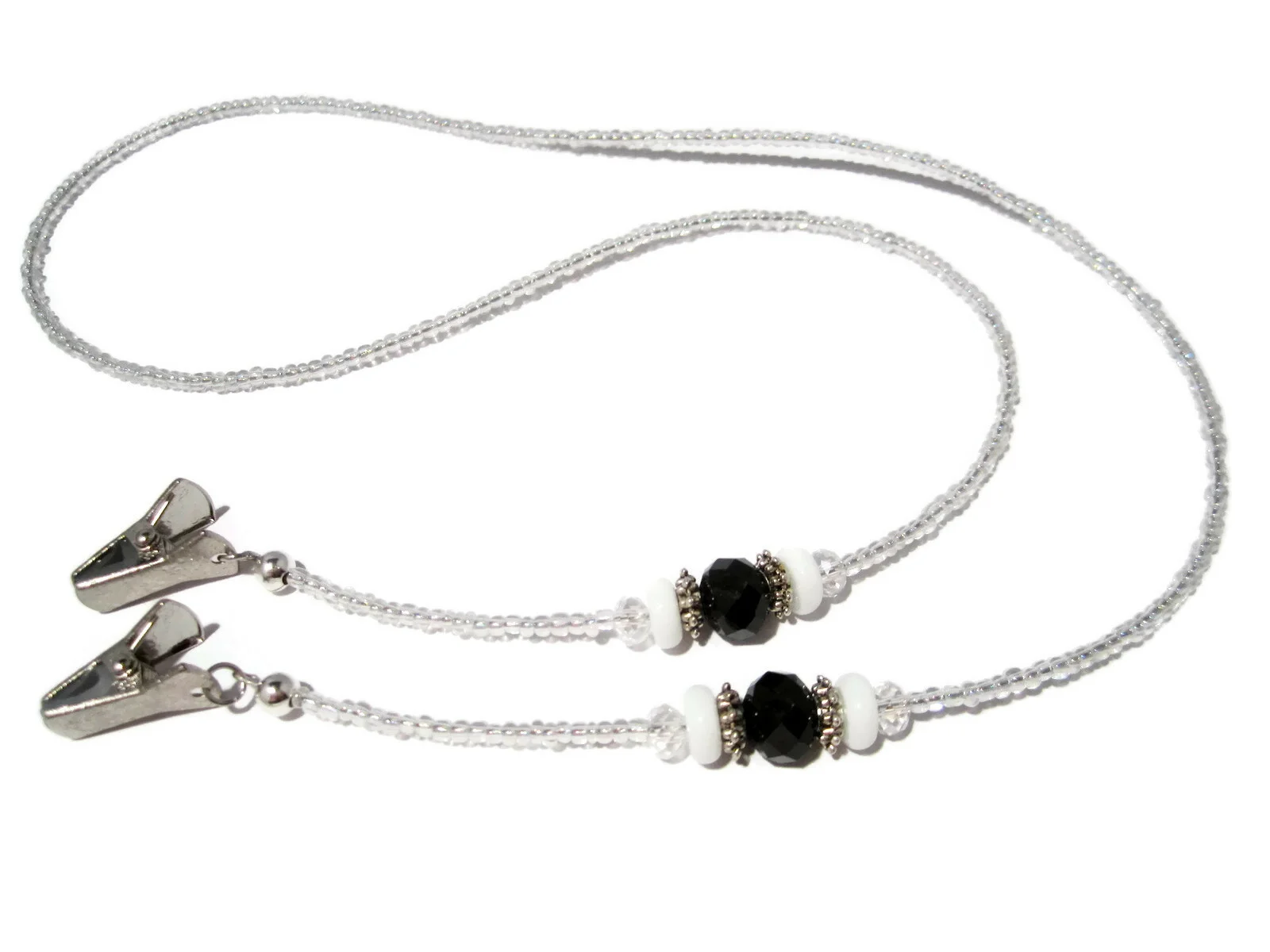 Silver Black White Beaded Eyeglass Holder, Glasses Lanyard Choose Glasses Grips 2