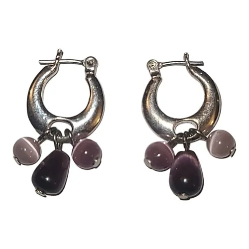 Silver Tone Purple Cat Eye Glass Bead Huggy Earrings 1