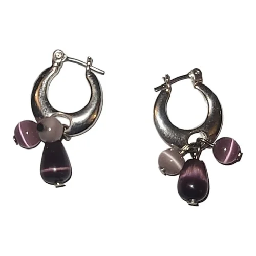 Silver Tone Purple Cat Eye Glass Bead Huggy Earrings 2